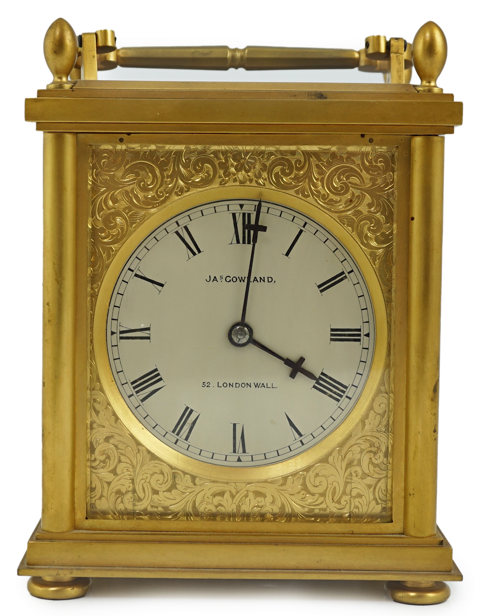 James Gowland of London, a rare mid 19th century giant gilt bronze single fuseé carriage timepiece, 22cm high to handle